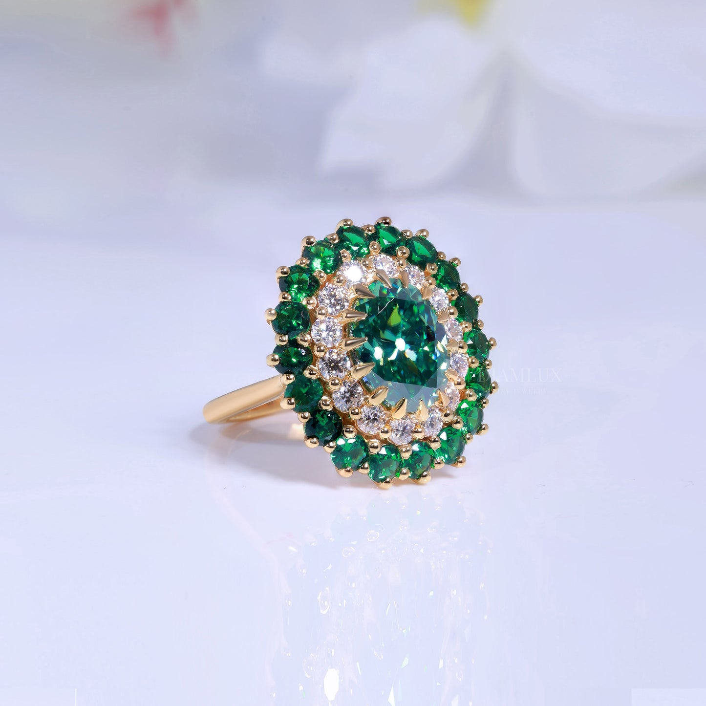 Emerald Green Crystal Cocktail Ring with Diamond Accents Diamlux Fine Jewelry