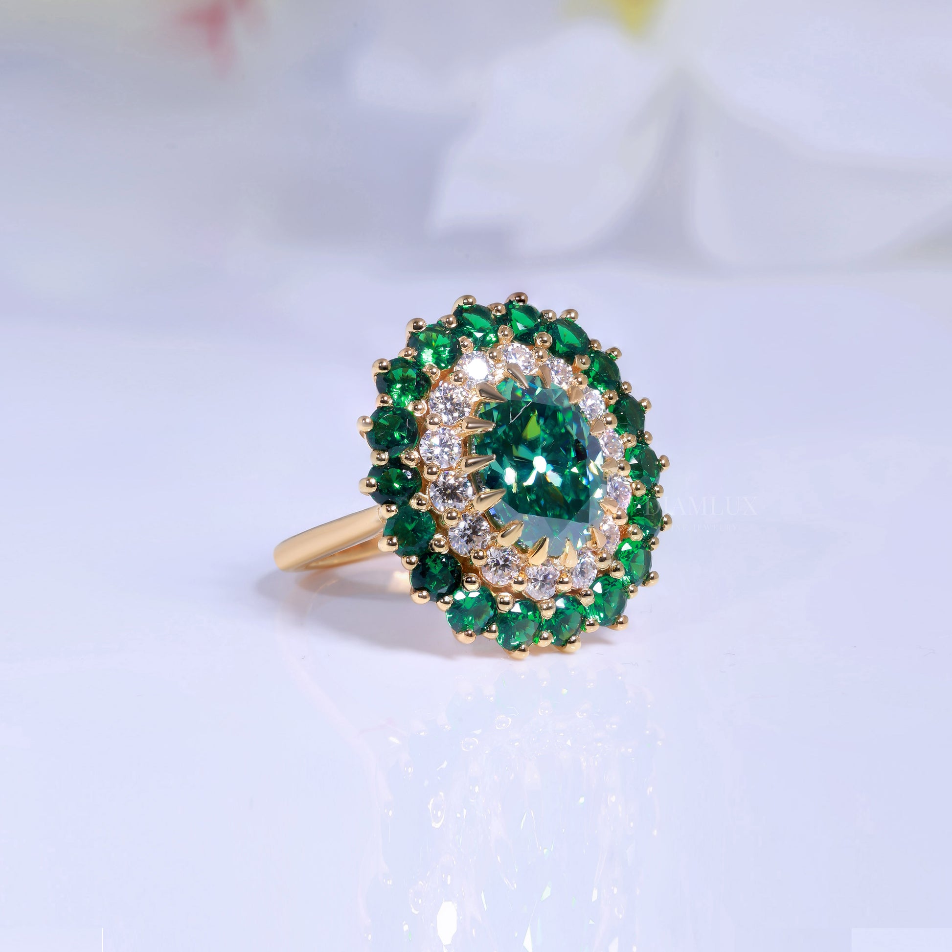Emerald Green Crystal Cocktail Ring with Diamond Accents Diamlux Fine Jewelry