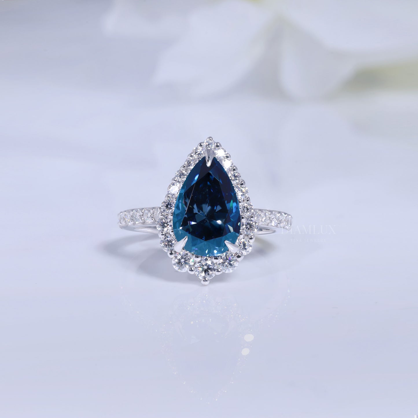 Pear Cut London Blue Topaz Halo Ring in 14K White Gold Diamlux Fine Jewelry