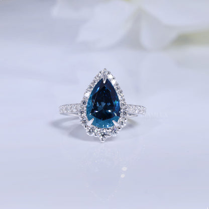 Pear Cut London Blue Topaz Halo Ring in 14K White Gold Diamlux Fine Jewelry