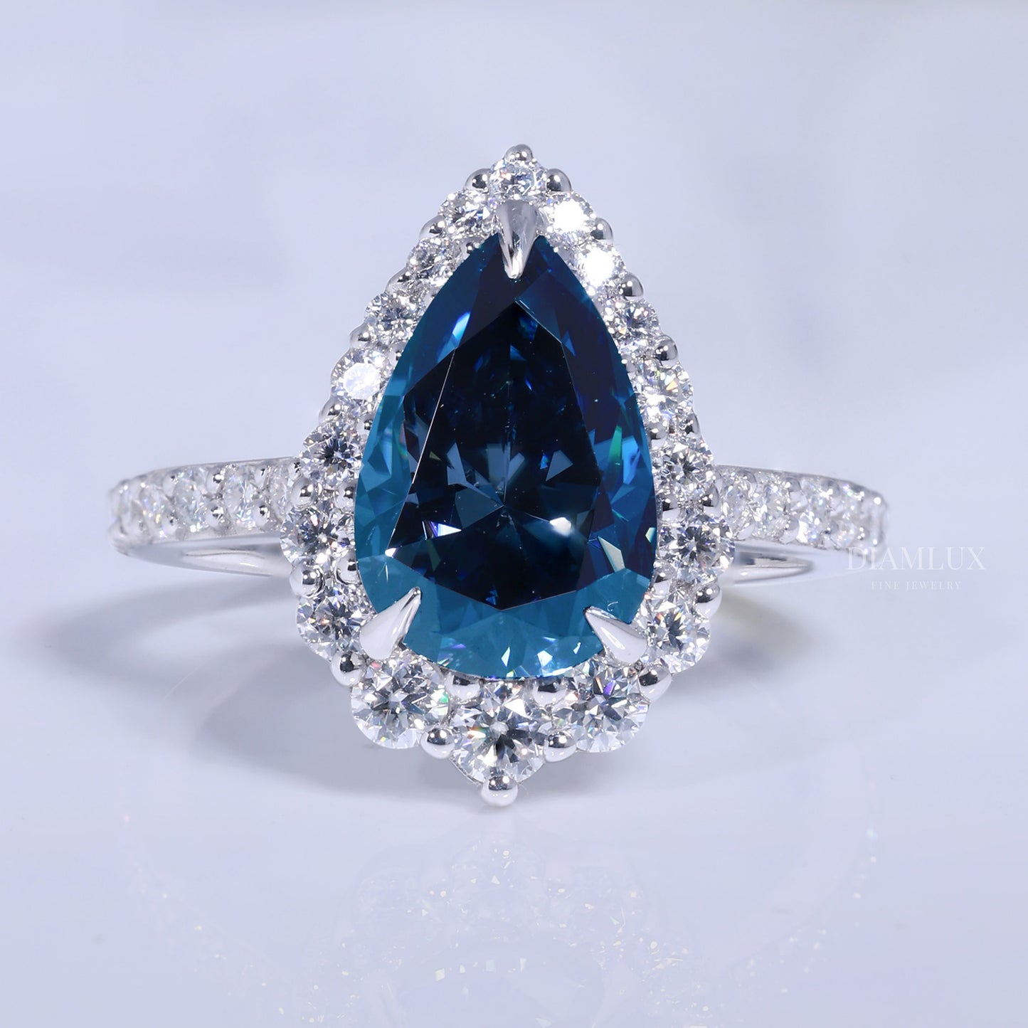 Pear Cut London Blue Topaz Halo Ring in 14K White Gold Diamlux Fine Jewelry