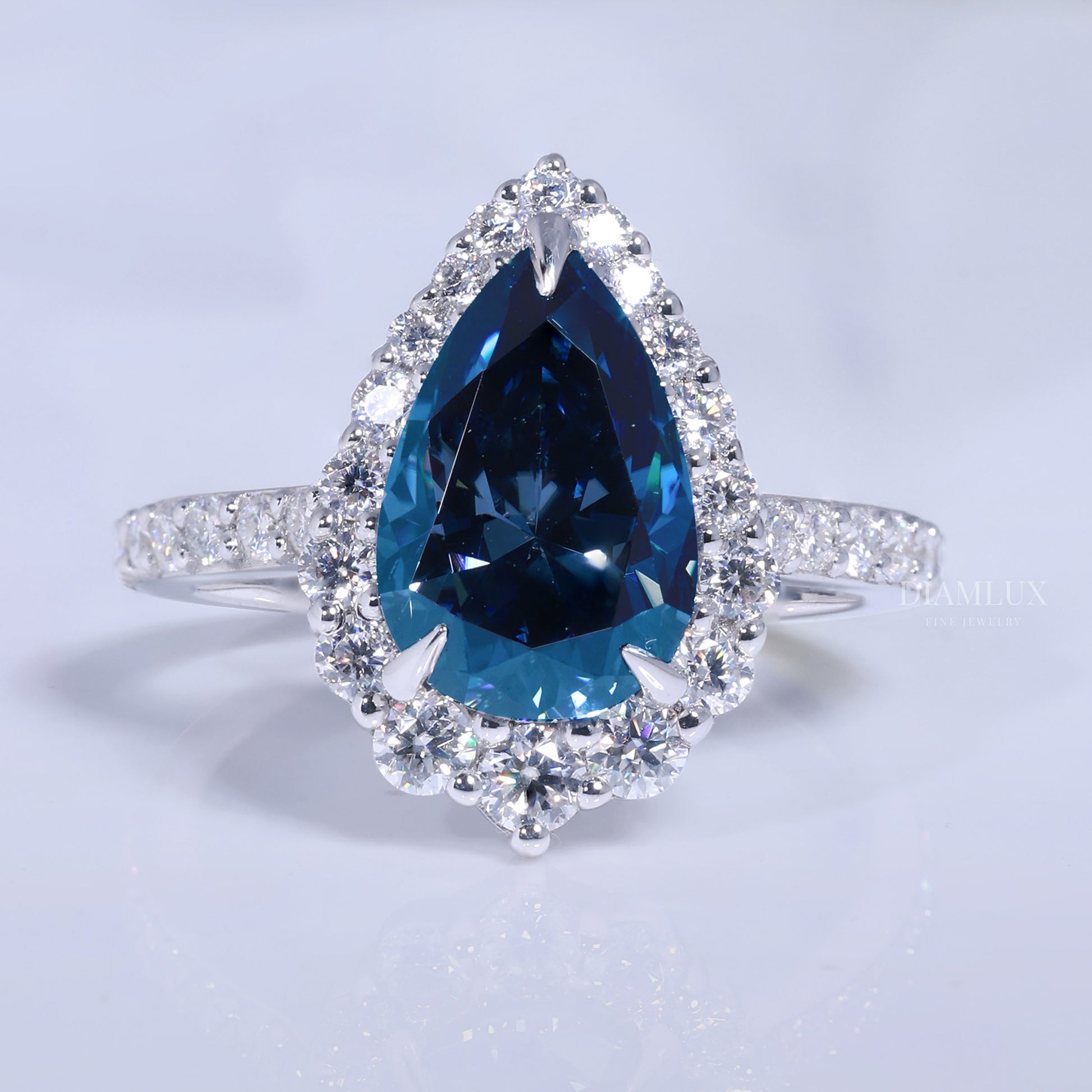 Pear Cut London Blue Topaz Halo Ring in 14K White Gold Diamlux Fine Jewelry