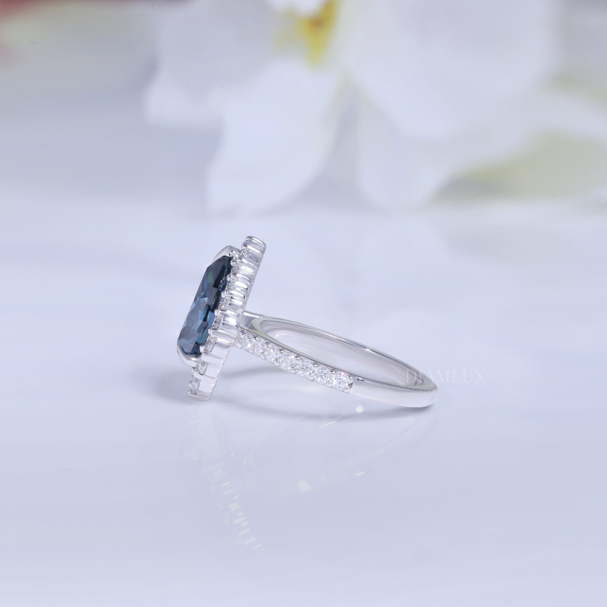 Pear Cut London Blue Topaz Halo Ring in 14K White Gold Diamlux Fine Jewelry