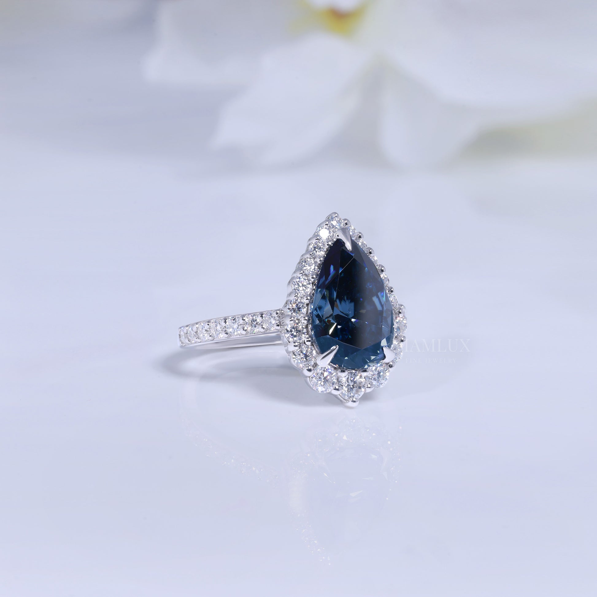 Pear Cut London Blue Topaz Halo Ring in 14K White Gold Diamlux Fine Jewelry