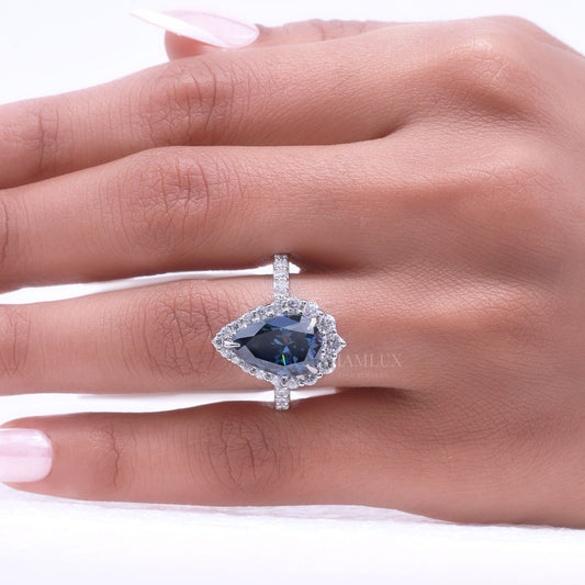 Pear Cut London Blue Topaz Halo Ring in 14K White Gold Diamlux Fine Jewelry