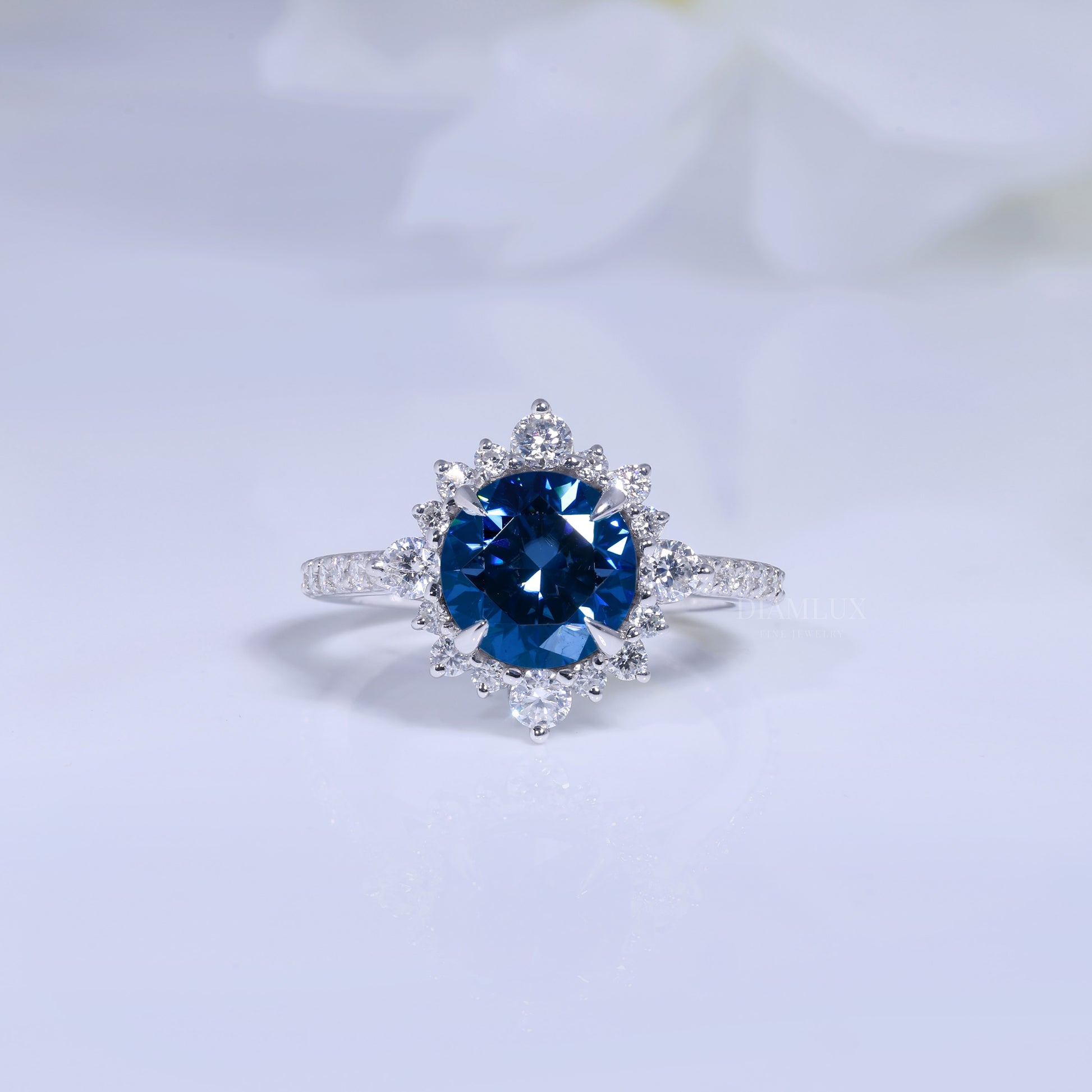 Elegant Blue Sapphire Halo Diamond Ring Diamlux Fine Jewelry