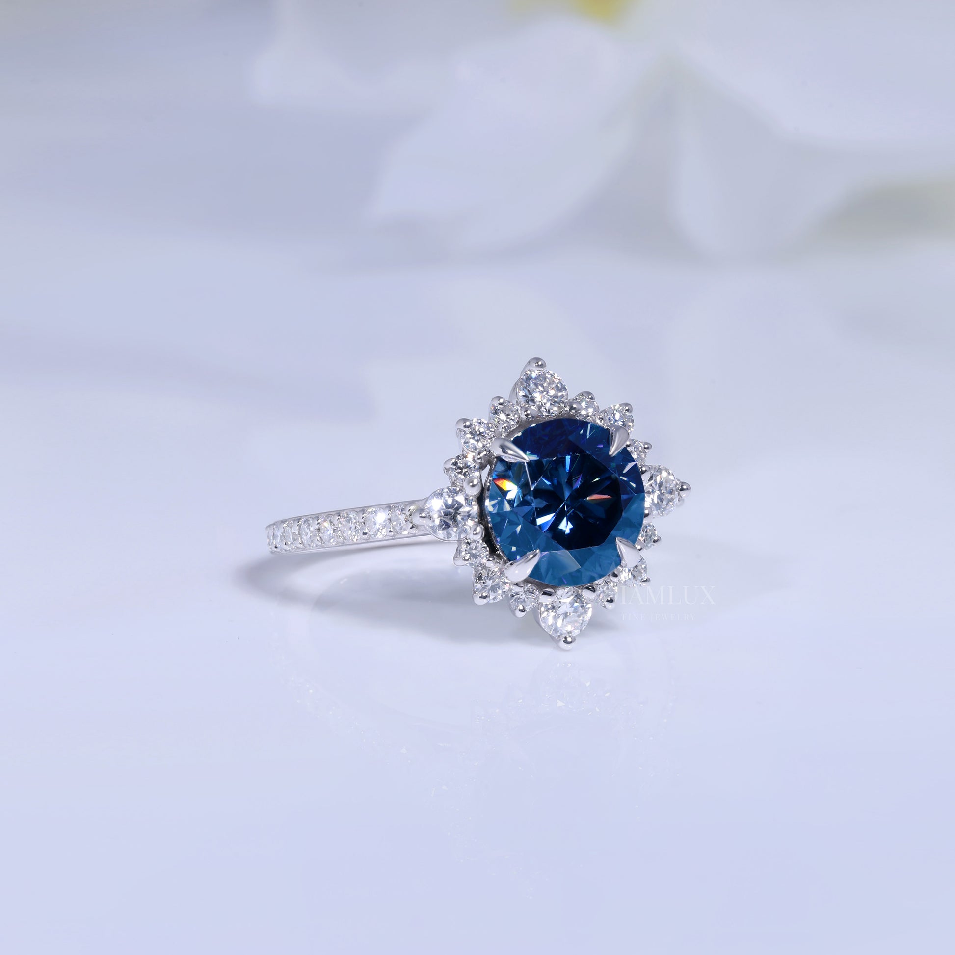 Elegant Blue Sapphire Halo Diamond Ring Diamlux Fine Jewelry