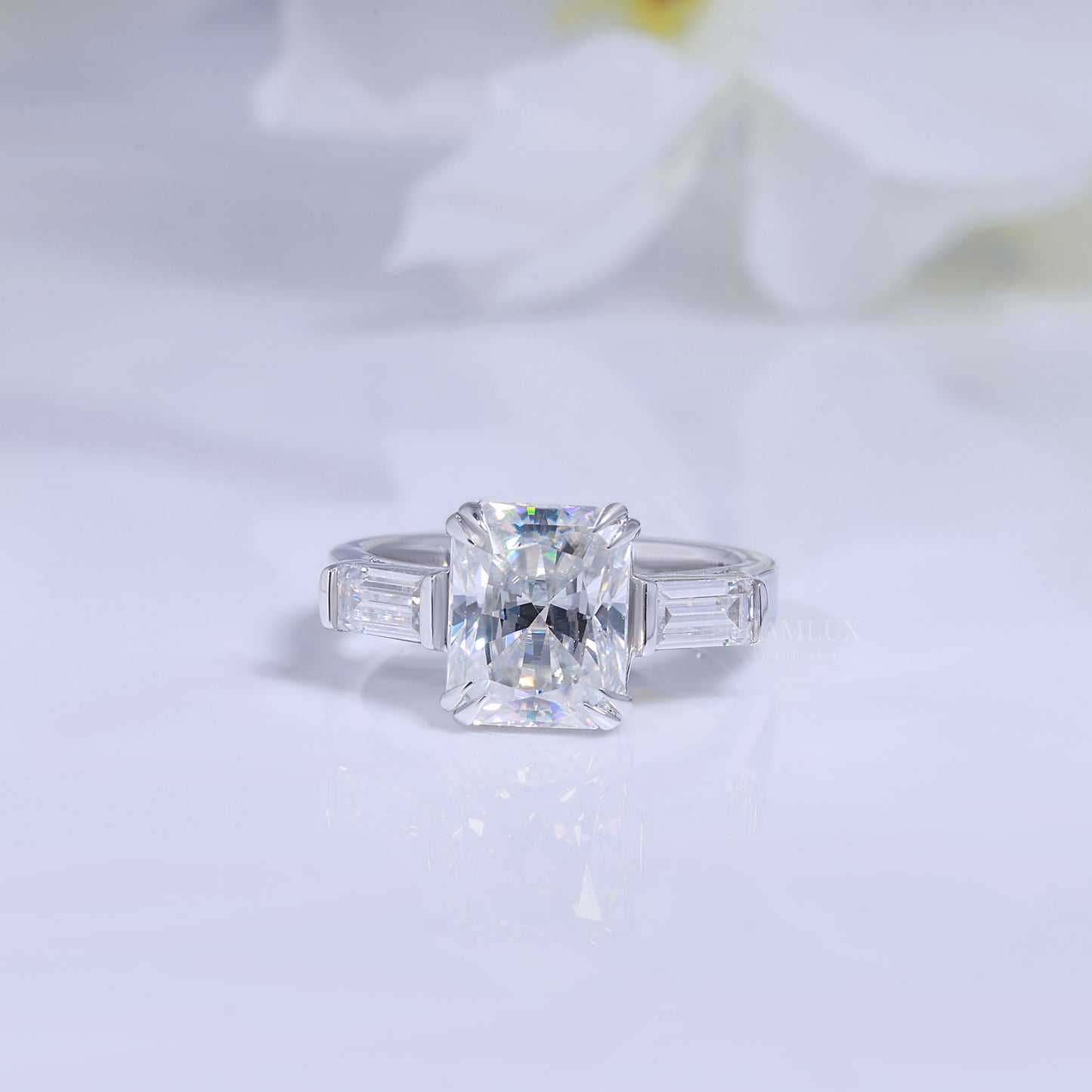 Elegant Radiant Cut Diamond Ring with Baguette Side Stones Diamlux Fine Jewelry