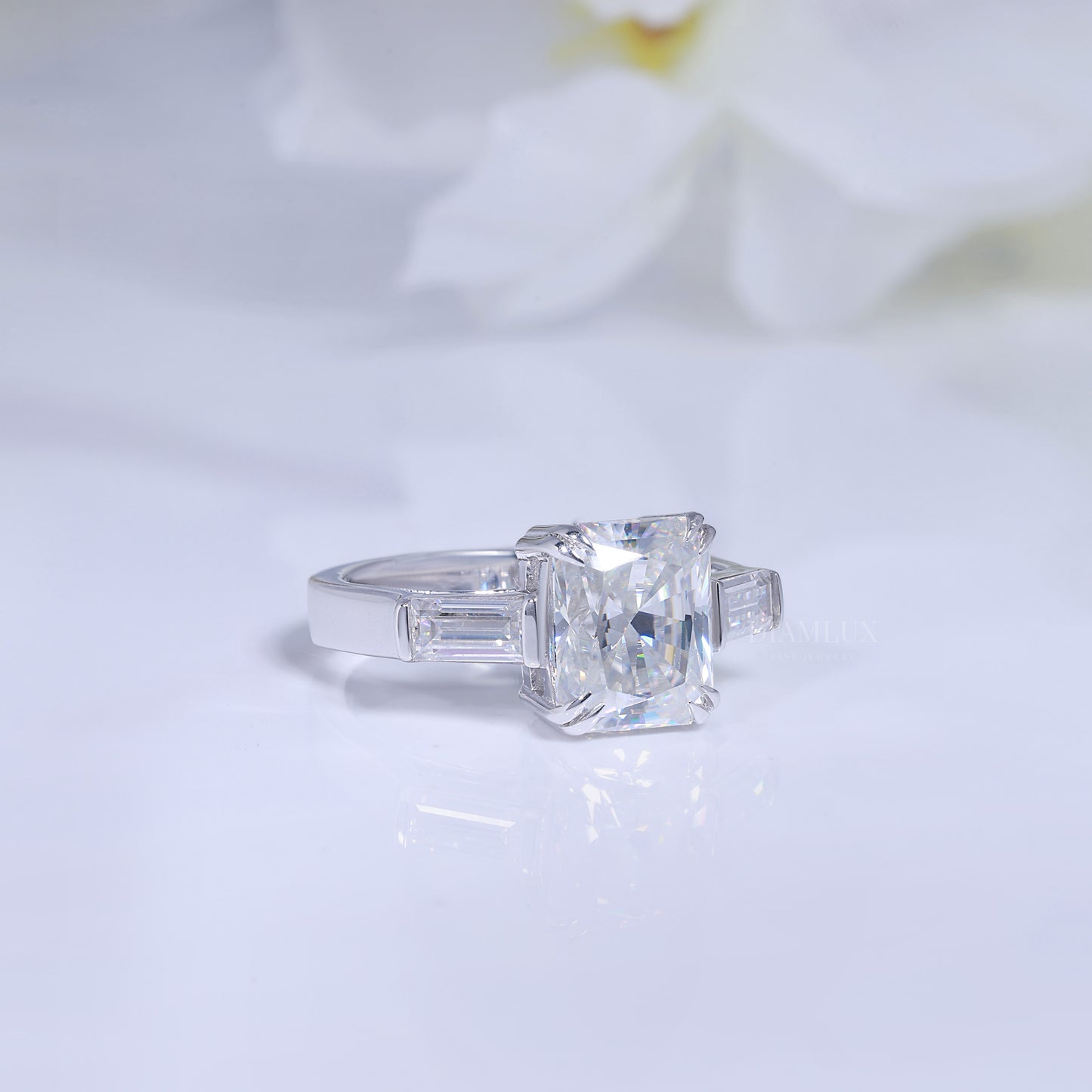 Elegant Radiant Cut Diamond Ring with Baguette Side Stones Diamlux Fine Jewelry