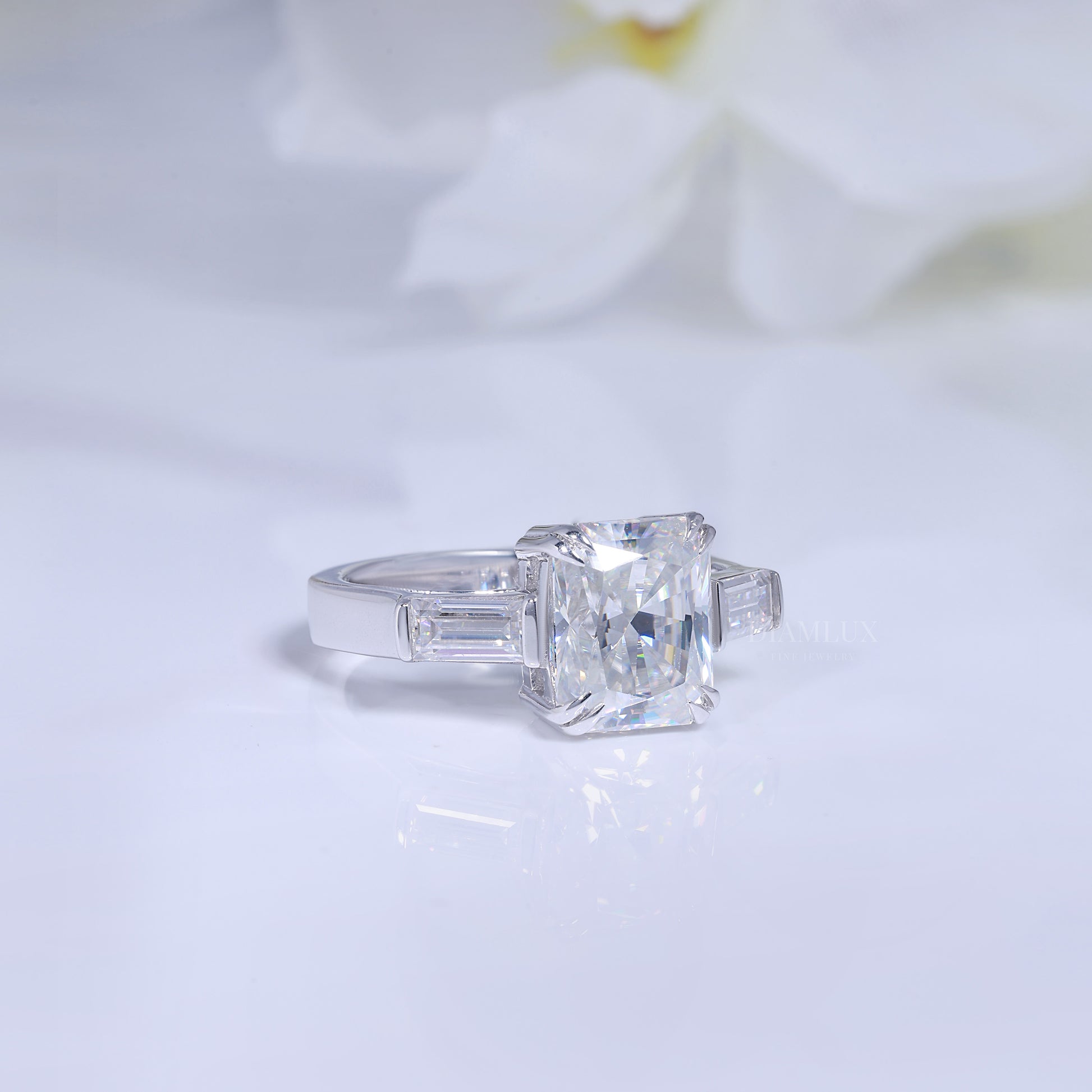 Elegant Radiant Cut Diamond Ring with Baguette Side Stones Diamlux Fine Jewelry