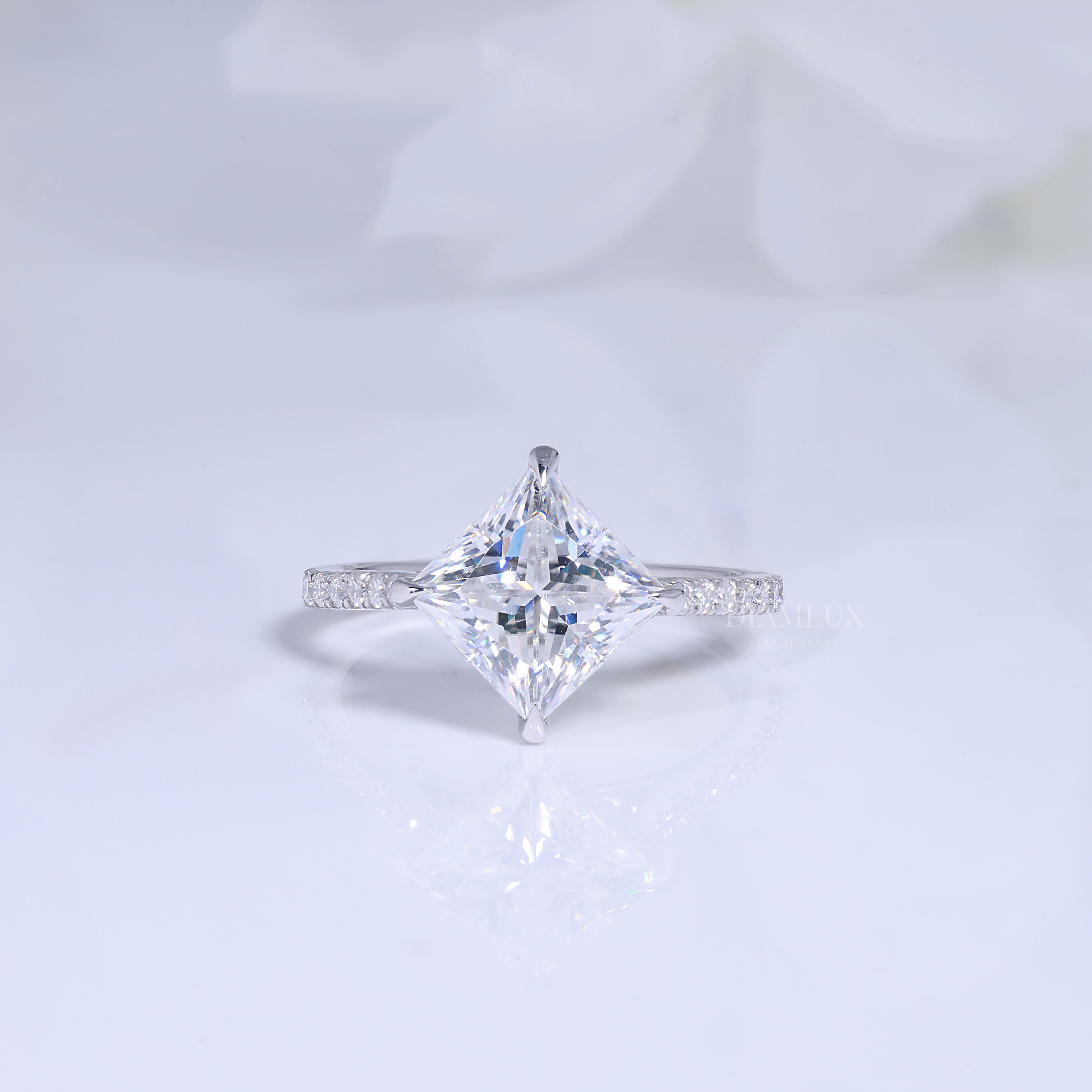Elegant Princess Cut Diamond Engagement Ring with Pave Band Diamlux Fine Jewelry