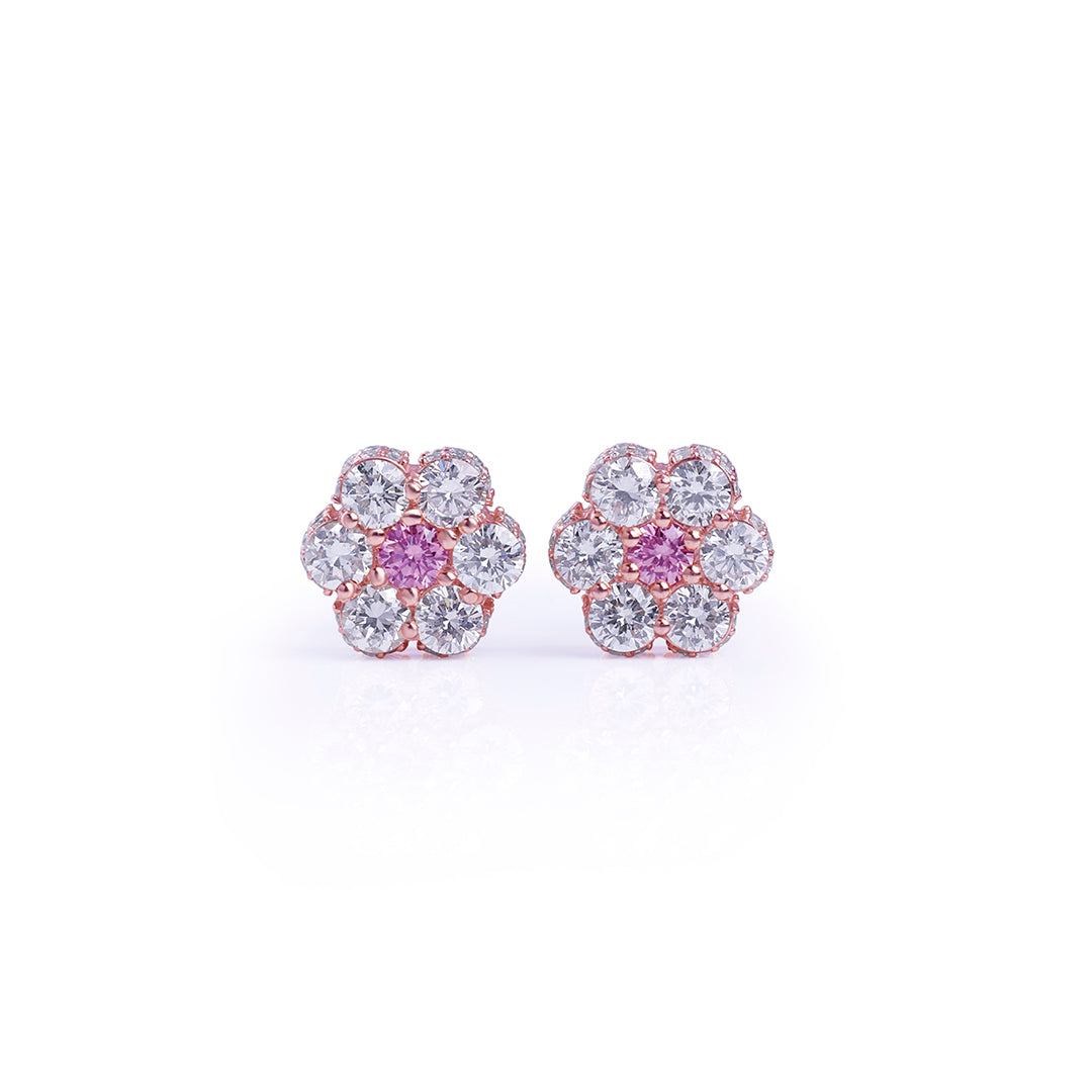 Pink Center Floral Diamond Stud Earrings in Rose Gold Diamlux