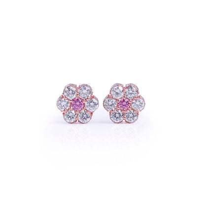 Pink Center Floral Diamond Stud Earrings in Rose Gold Diamlux