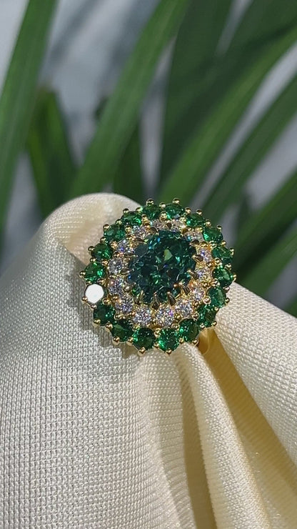 Emerald Green Crystal Cocktail Ring with Diamond Accents