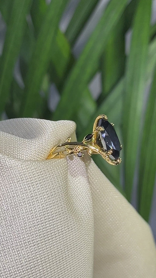 Midnight Blossom Marquise Black Gemstone Gold Ring